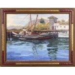 William Patty (American, 1884-1960), Laguna Boat Dock, oil on board, overall (with frame): 14.5"h