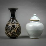 (lot of 2) Group of Chinese ceramics: first, a qingbai glazed lidded urn with angular shoulders