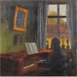 Artist at the Piano, oil on canvas, unsigned, 20th century, canvas (unframed): 20"h x 20"w