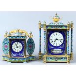 (lot of 2) Cloisonné style clock group, consisting one having an urn form final over the glass