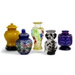 (lot of 5) Chinese Peking overlay glass vases and jars, including three vases, one with square