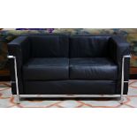 Le Corbusier style leather and chrome sofa, the iconic form covered in cocoa leather and wrapped