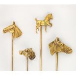 (Lot of 4) Diamond, enamel, glass and yellow gold horse stickpins Including (1) diamond and 14k