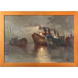 Harbor Scene with Ships, oil on canvas, signed indistinctly lower right, 20th century, overall (with