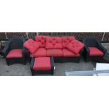 (lot of 4) Resin wicker outdoor furniture with red sunbrella cushions, consisting of a sofa, two