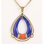 Coral, lapis lazuli, diamond and 14k yellow gold pendant-necklace Featuring inlaid lapis lazuli