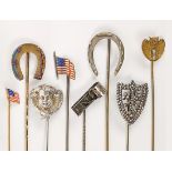 (Lot of 8) Enamel, yellow gold, silver and metal stickpins Including (1) enamel and 14k yellow