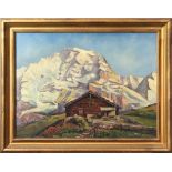 European School (20th century), Chalet with Mountain Vista, oil on board, signed "H. Kramer" lower