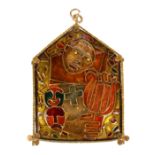 Enamel and 14k yellow gold pendant Designed with abstract musical and Genesis symbols, enhanced by