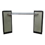 Modern custom console table, having a laquered surface with silvered panels, overall 36.5"h x 60"w x