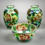 (lot of 3) Japanese plique-à-jour cloisonne, consisting of two vases and one bowl, mille fleur motif