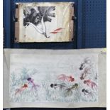 (lot of 2) Chinese paintings, ink and color on paper, the first featuring goldfish swimming around
