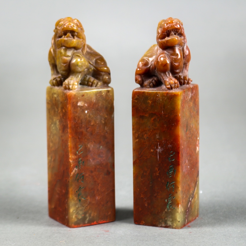 (lot of 2) Chinese soapstone seals, each of a qilin seated on its haunches, above a tall plinth, - Image 2 of 5