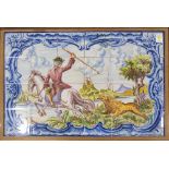 Portugese painted ceramic tiles depicting a hunting scene, signed Fca. Santana, 1969, mounted with a