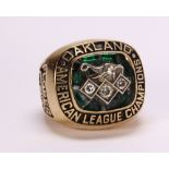 Diamond, synthetic corundum and 10k gold Oakland A's, 1990 American League Championship ring