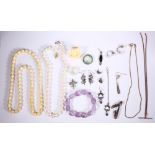 Cultured pearl, bone, amethyst, jade, sterling silver and silver jewelry Including 1) amethyst