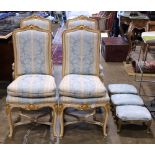 (lot of 7) Four Louis XV style side chairs, each having a high back with damask upholstery, and