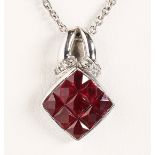 Ruby, diamond and 18k white gold pendant-necklace Featuring (9) calibre-cut rubies, weighing a total