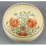 Japanese large ceramic bowl, interior of the bulbous body enameled with peonies, exterior with