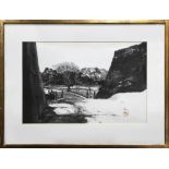 Japanese sumie ink painting by F. Harris, "Castle Bridge", lower right with he signature and seal,