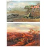 (lot of 2) Sunset on the Canyon & Monterey Harbor, oils on canvas, one unsigned, one signed "D.