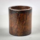Chinese hardwood brush pot, with a slightly tapering cylindrical body (lacks plug), 5.25"h