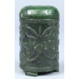 Chinese spinach jade cylindrical box, the exterior low relief carved with stylized lotus tendril,