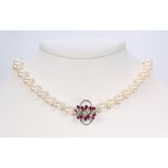 Ruby, diamond, cultured pearl, 14k white gold and gold-filled necklace Featuring (12) pear-cut