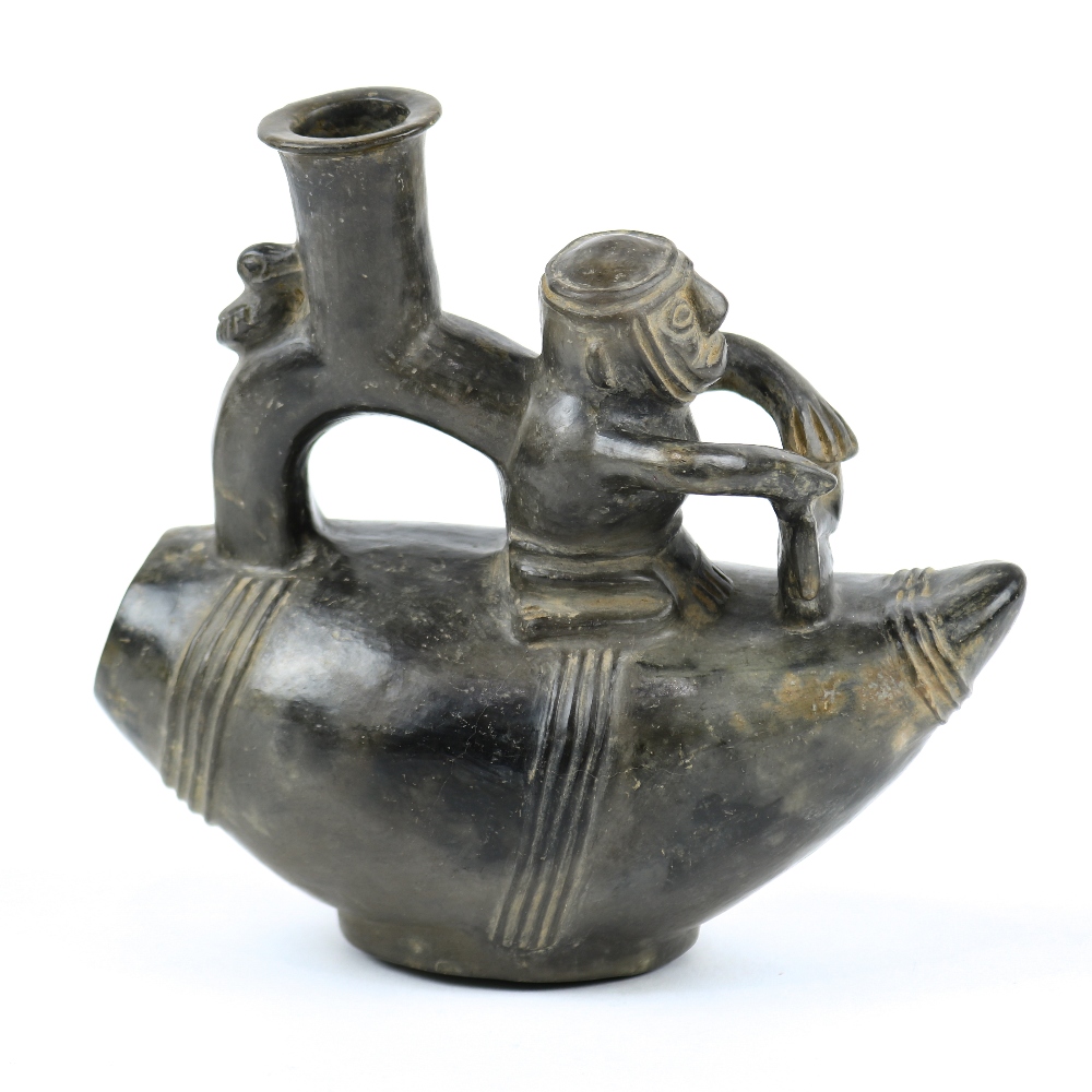 Chimu ceramic blackware stirrup vessel, Central Coastal Peru (1476-1522 AD), a kneeling man - Image 2 of 3