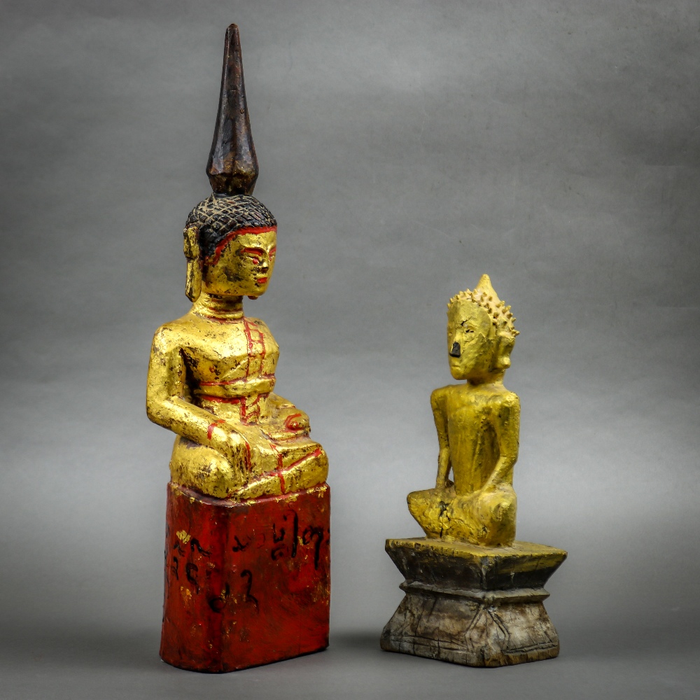 (lot of 2) Southeast Asian gilt wood Buddhas: first, sculpted in strong angles, the oval face topped - Image 2 of 7