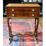 Transitional Victorian work table, the rectangular top over the two drawer case, rising on shaped