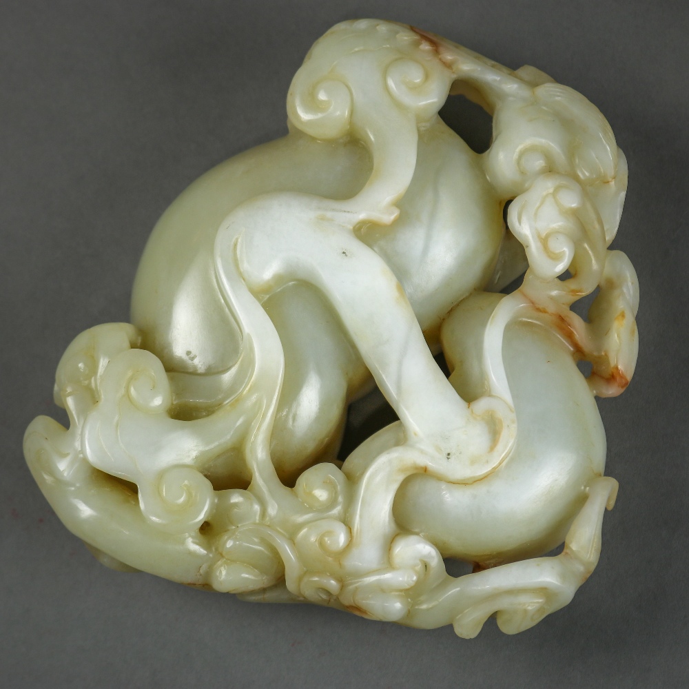 Chinese jade brush washer, in the form of two ruyi heads, flanked by a phoenix and chilong, the - Image 3 of 3