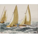 James March Phillips (American, 1913-1981), Three Sailboats in San Francisco Harbor, watercolor,