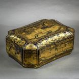 Chinese export gilt lacquered box, the lid and exterior decorated with figures in pavilion, the