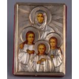 Russian icon, having a silver oklad, and depicting Sophia with three daughters, 4"h x 3"w