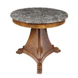 Empire mahogany circular tripod gueridon, circa 1810, having a circular grey marble top, above a