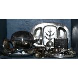 One bin of Continental silverplate and pewter table articles, consisting of platters, serving