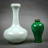 (lot of 2) Chinese celadon glazed garlic head vase, with a raised band to the neck and a