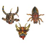 (lot of 3) Mexican, Guerro masks, decorative, circa 1960, depicting (2) devil masks and one insect