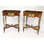 Pair of Louis XV style marquetry inlaid tables, each having a floral decorated top, above a single