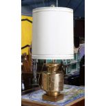 Hollywood Regency glass table lamp, having a large cylindrical linen wrapped shade, 3'h.