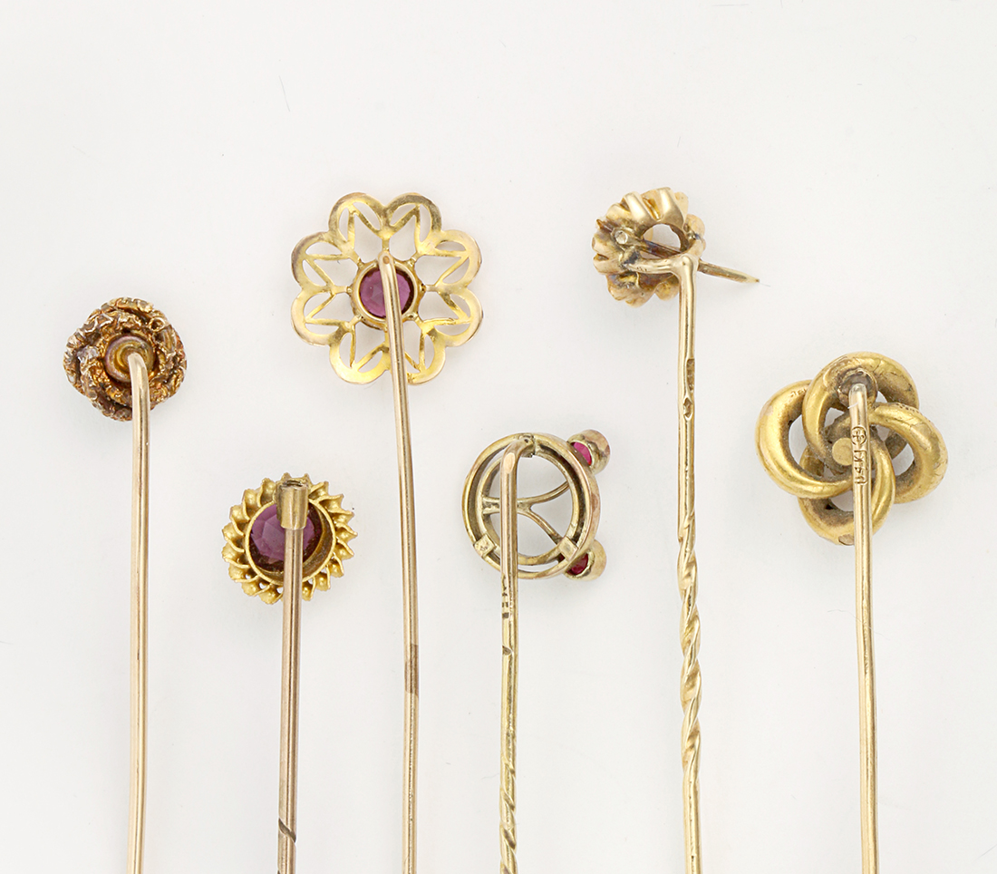 (Lot of 6) Diamond, multi-stone and 14k yellow gold stickpins Including (1) single-cut diamond and - Image 2 of 2