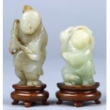 (lot of 2) Chinese jade figural carvings, one of a boy holding a sprig; the other in the form of Liu