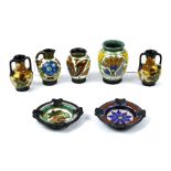 (lot of 7) Miniature Gouda pottery group, consisting of (2) ashtrays, both dated 1929, a pair of