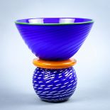 Gordon Pizzichillo art glass vase, the green rim above the tapering ribbed body, rising on and