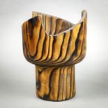 Japanese cryptomeria wood carved ikebana vase of three- wave pattern mouth rim, with a copper