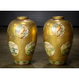 (lot of 2) Satsuma-style large ceramic vases, with a rolled rim and a tapering ovoid body, with bird