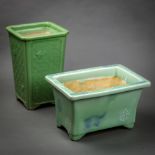 (lot of 2) two Japanese celadon planters: one rectangular form with plovers and waves; the other