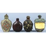 (lot of 4) Chinese/Mongolian snuff bottles: the first, a wire inlaid wood bottle, with seated