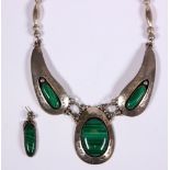 Terru Goodluck malachite and sterling silver necklace with earring Featuring (3) oval malachite